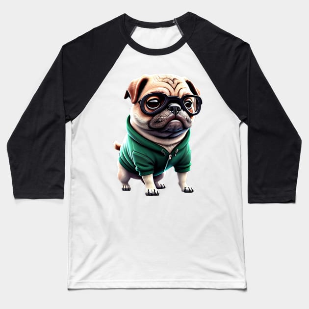 Muscular Pug Gym Trainer - Cute Pug with Green Hoodie Design Baseball T-Shirt by fur-niche